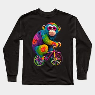 Rainbow colored monkey on a bicycle Long Sleeve T-Shirt